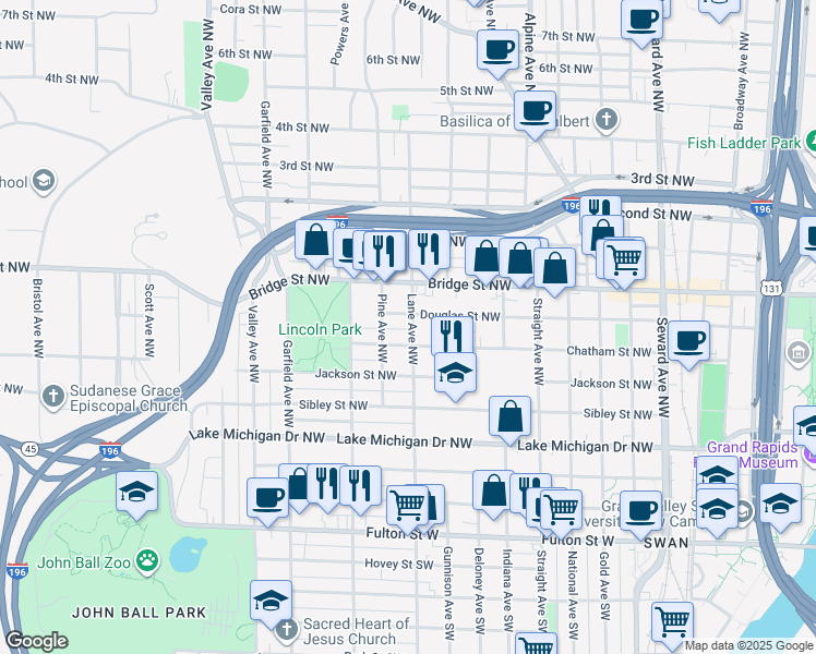 map of restaurants, bars, coffee shops, grocery stores, and more near 952 Chatham Street Northwest in Grand Rapids