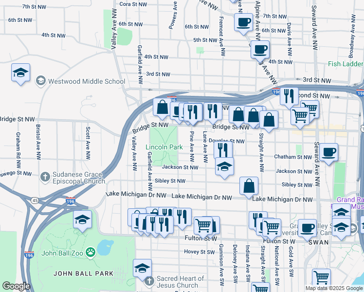 map of restaurants, bars, coffee shops, grocery stores, and more near 256 Marion Avenue Northwest in Grand Rapids
