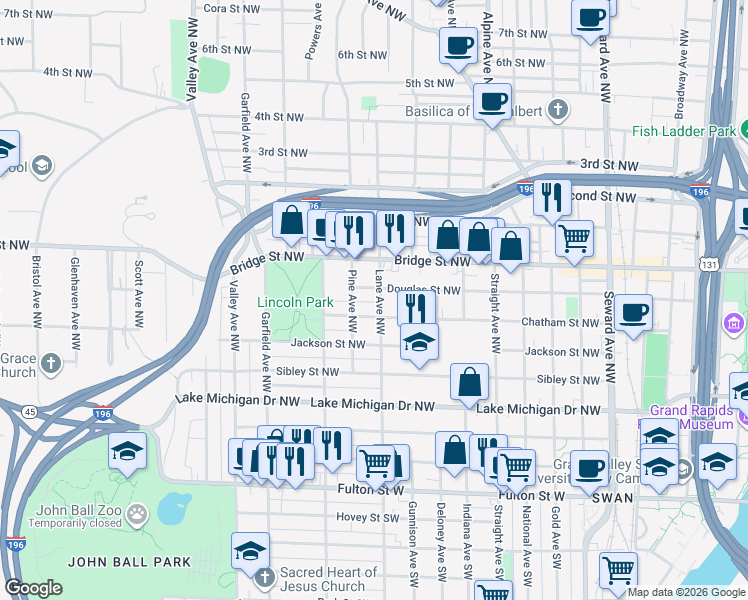map of restaurants, bars, coffee shops, grocery stores, and more near 319 Lane Avenue Northwest in Grand Rapids