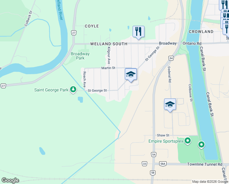 map of restaurants, bars, coffee shops, grocery stores, and more near 305 Saint George Street in Welland