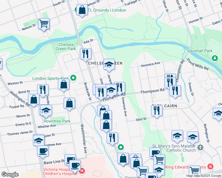 map of restaurants, bars, coffee shops, grocery stores, and more near 103 Jacqueline Street in London