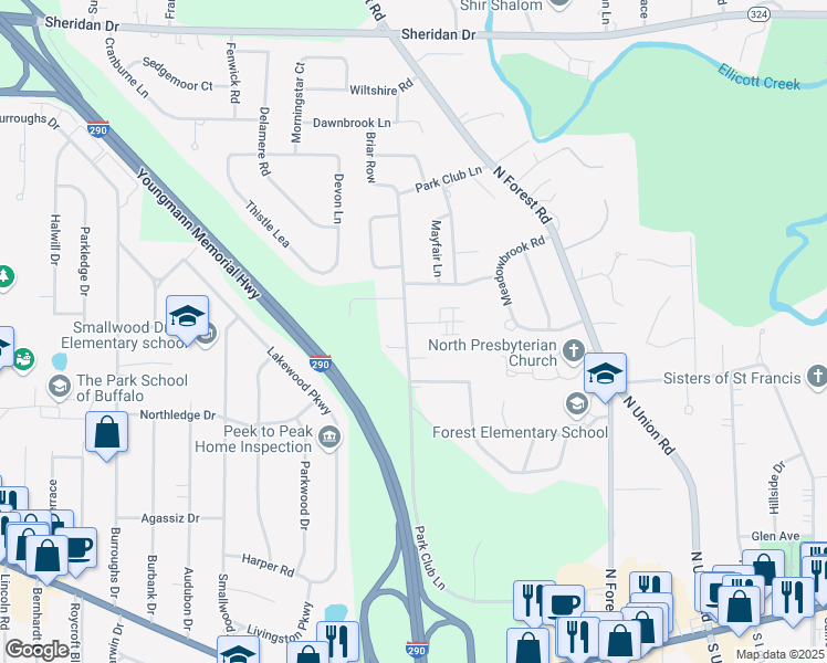map of restaurants, bars, coffee shops, grocery stores, and more near 61 Park Lane Court in Buffalo