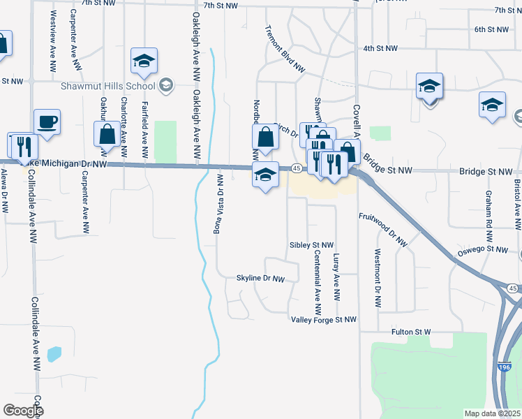 map of restaurants, bars, coffee shops, grocery stores, and more near 2222 Lake Michigan Drive Northwest in Grand Rapids