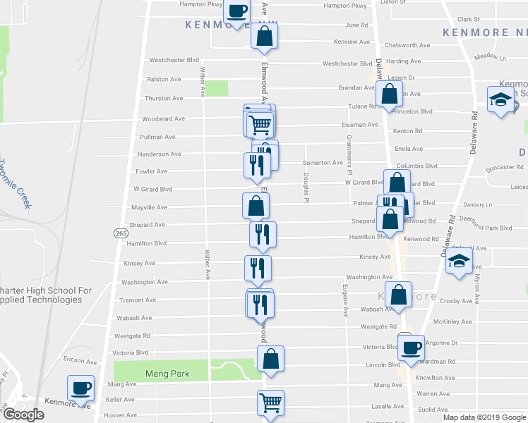 map of restaurants, bars, coffee shops, grocery stores, and more near 2660 Elmwood Avenue in Kenmore