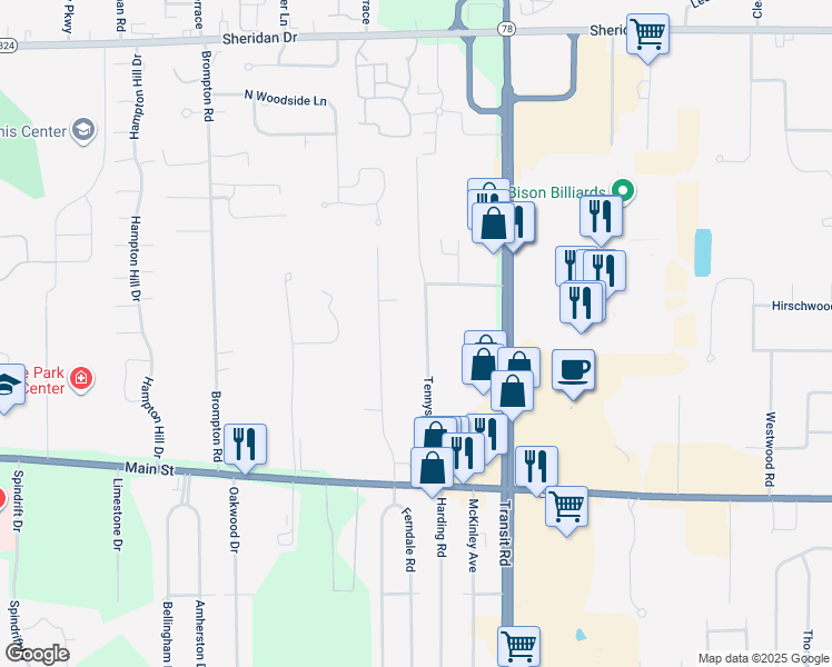 map of restaurants, bars, coffee shops, grocery stores, and more near 154 Tennyson Terrace in Buffalo