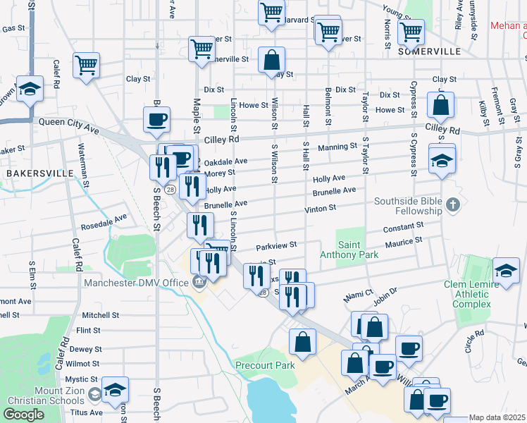 map of restaurants, bars, coffee shops, grocery stores, and more near 28 Boisvert Street in Manchester