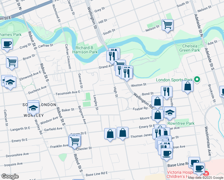 map of restaurants, bars, coffee shops, grocery stores, and more near 492 Tecumseh Avenue East in London