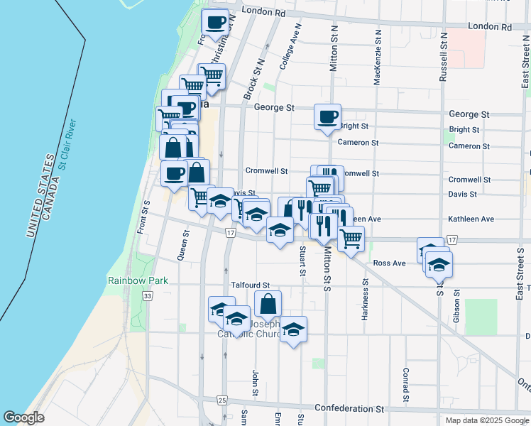 map of restaurants, bars, coffee shops, grocery stores, and more near 125 College Avenue South in Sarnia