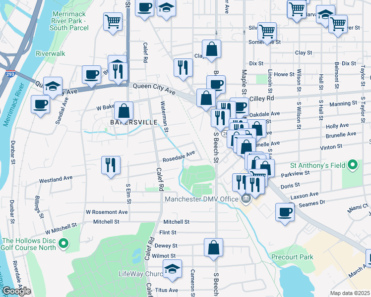 map of restaurants, bars, coffee shops, grocery stores, and more near 175 Rosedale Avenue in Manchester