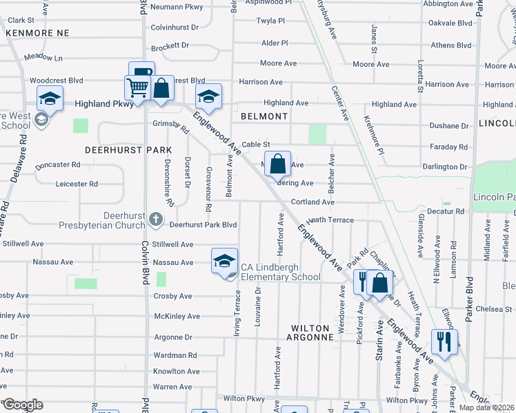 map of restaurants, bars, coffee shops, grocery stores, and more near 285 Irving Terrace in Buffalo
