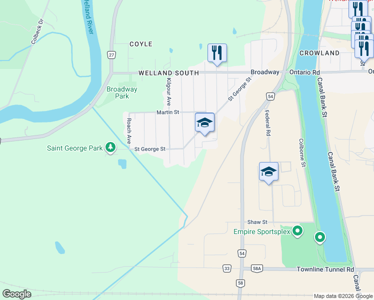 map of restaurants, bars, coffee shops, grocery stores, and more near in Welland