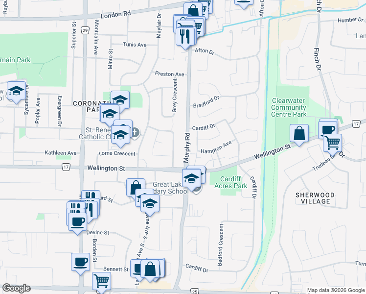 map of restaurants, bars, coffee shops, grocery stores, and more near 20 Vimy Crescent in Sarnia