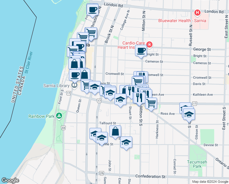 map of restaurants, bars, coffee shops, grocery stores, and more near 258 Wellington Street in Sarnia