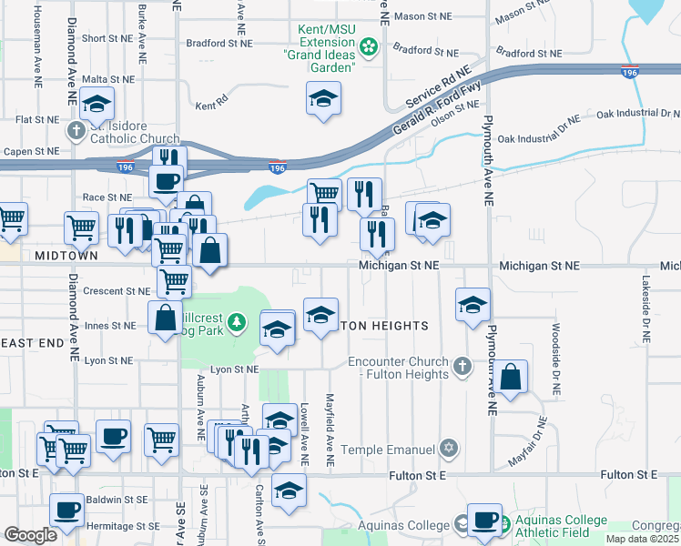 map of restaurants, bars, coffee shops, grocery stores, and more near 327 Baynton Avenue Northeast in Grand Rapids