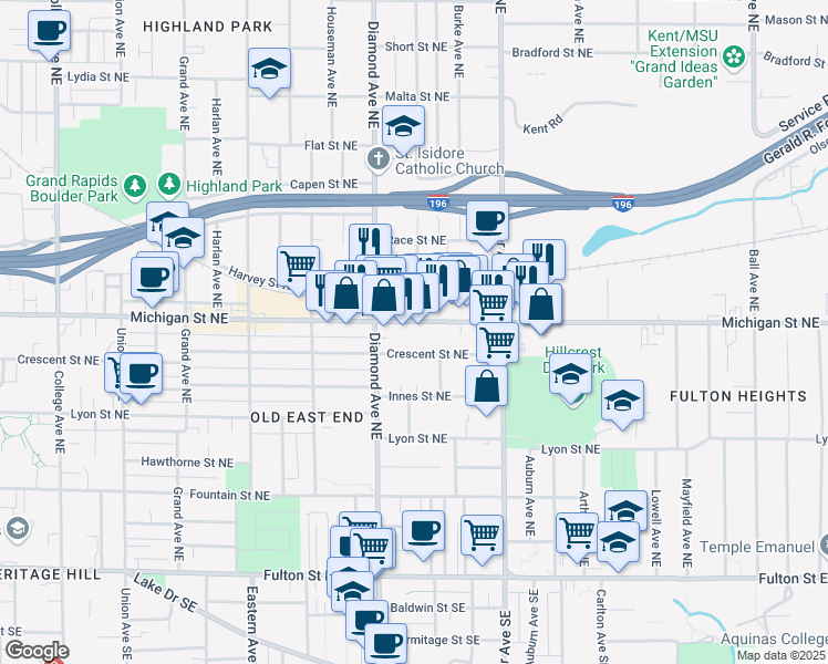 map of restaurants, bars, coffee shops, grocery stores, and more near 1056 Crescent Street Northeast in Grand Rapids