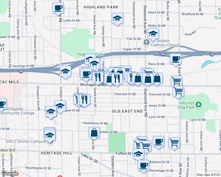 map of restaurants, bars, coffee shops, grocery stores, and more near 748 Crescent Street Northeast in Grand Rapids