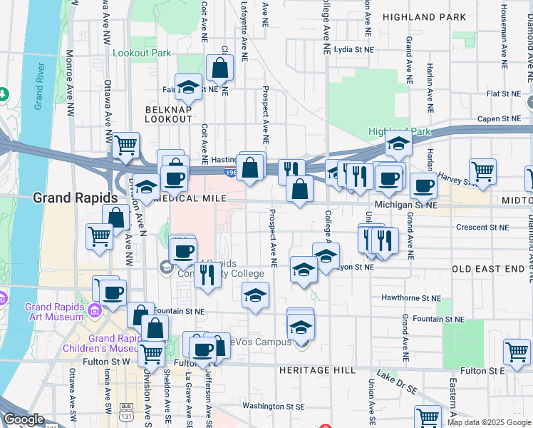 map of restaurants, bars, coffee shops, grocery stores, and more near 335 Crescent Street Northeast in Grand Rapids