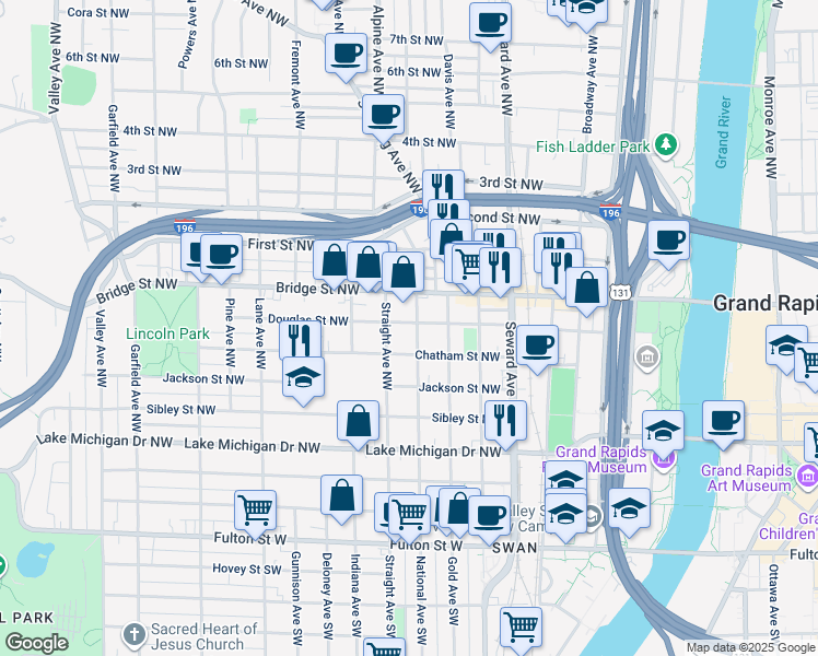 map of restaurants, bars, coffee shops, grocery stores, and more near 719 Chatham Street Northwest in Grand Rapids
