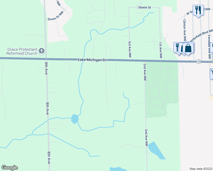 map of restaurants, bars, coffee shops, grocery stores, and more near 11006 Mountain Ash Avenue Northwest in Grand Rapids
