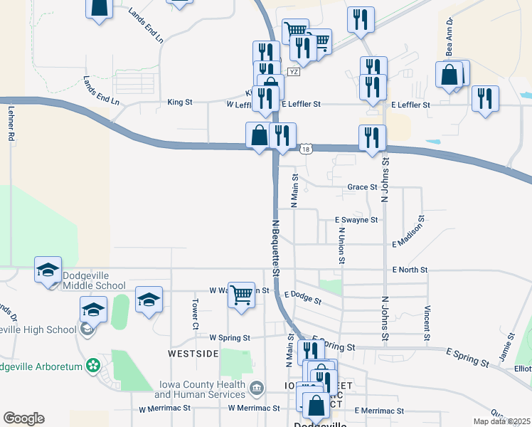 map of restaurants, bars, coffee shops, grocery stores, and more near 1002 North Bequette Street in Dodgeville