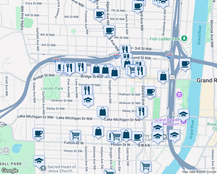 map of restaurants, bars, coffee shops, grocery stores, and more near 300 Straight Avenue Northwest in Grand Rapids