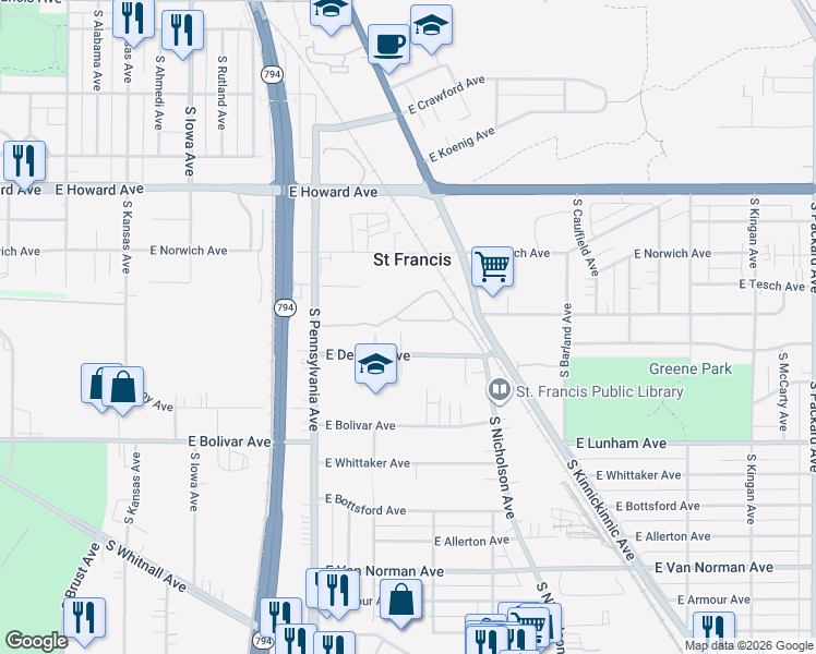 map of restaurants, bars, coffee shops, grocery stores, and more near 2710 East Denton Avenue in Saint Francis
