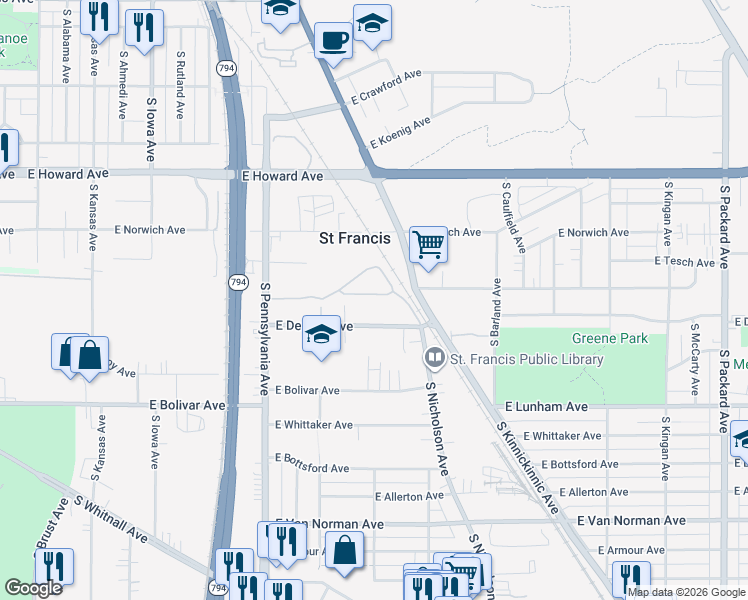 map of restaurants, bars, coffee shops, grocery stores, and more near 2806 East Denton Avenue in Saint Francis