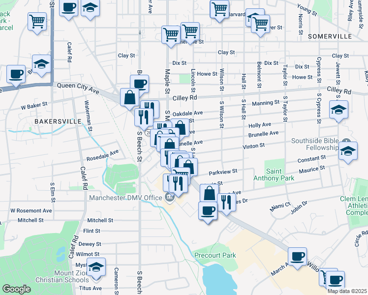 map of restaurants, bars, coffee shops, grocery stores, and more near 79 Vinton Street in Manchester