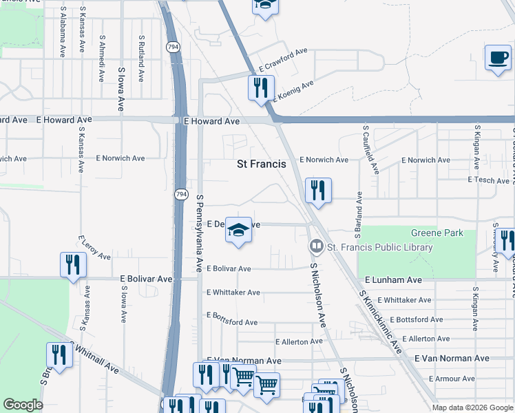 map of restaurants, bars, coffee shops, grocery stores, and more near 2710 East Denton Avenue in Saint Francis