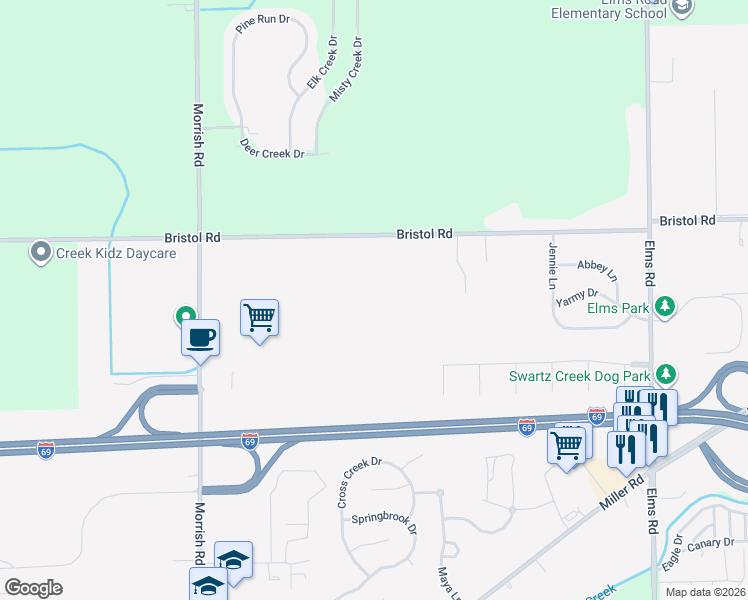 map of restaurants, bars, coffee shops, grocery stores, and more near 7317 Bristol Road in Swartz Creek