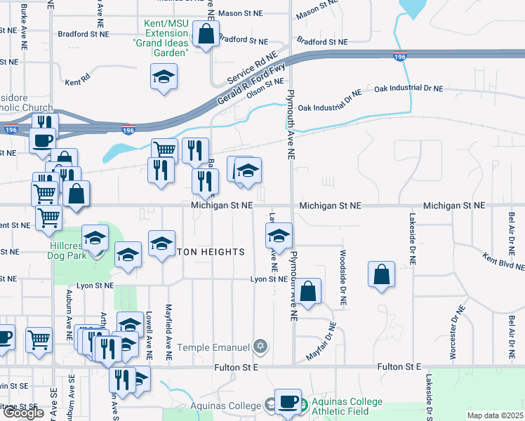map of restaurants, bars, coffee shops, grocery stores, and more near 1712 Michigan Street Northeast in Grand Rapids