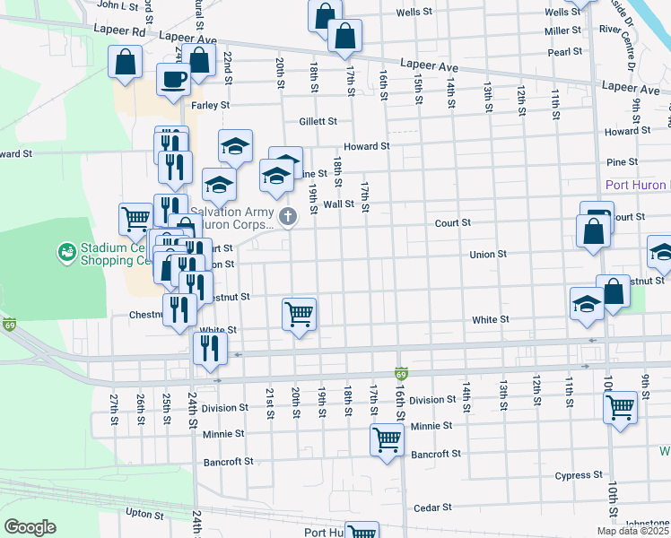 map of restaurants, bars, coffee shops, grocery stores, and more near 1334 19th Street in Port Huron