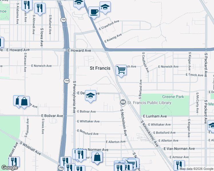 map of restaurants, bars, coffee shops, grocery stores, and more near 2806 East Denton Avenue in Saint Francis