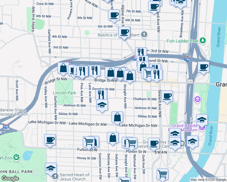 map of restaurants, bars, coffee shops, grocery stores, and more near 325 Indiana Avenue Northwest in Grand Rapids