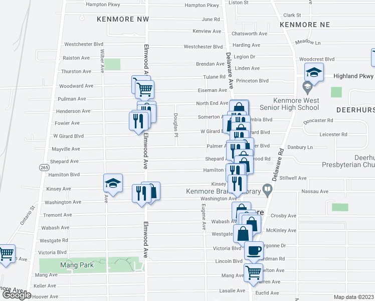 map of restaurants, bars, coffee shops, grocery stores, and more near 106 Palmer Avenue in Buffalo