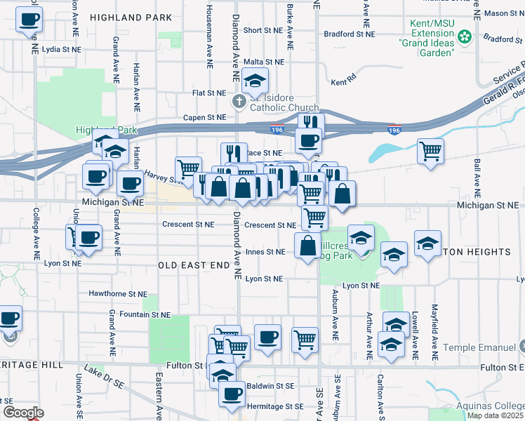 map of restaurants, bars, coffee shops, grocery stores, and more near 1034 Michigan Street Northeast in Grand Rapids