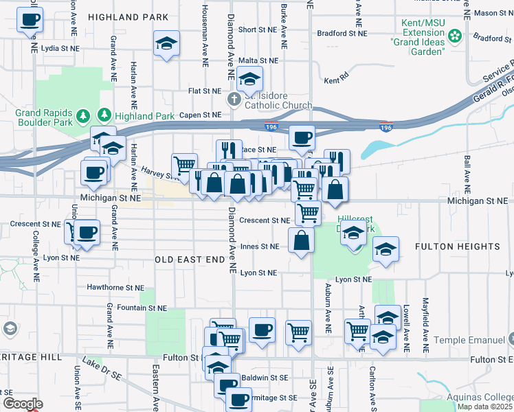 map of restaurants, bars, coffee shops, grocery stores, and more near 1034 Michigan Street Northeast in Grand Rapids