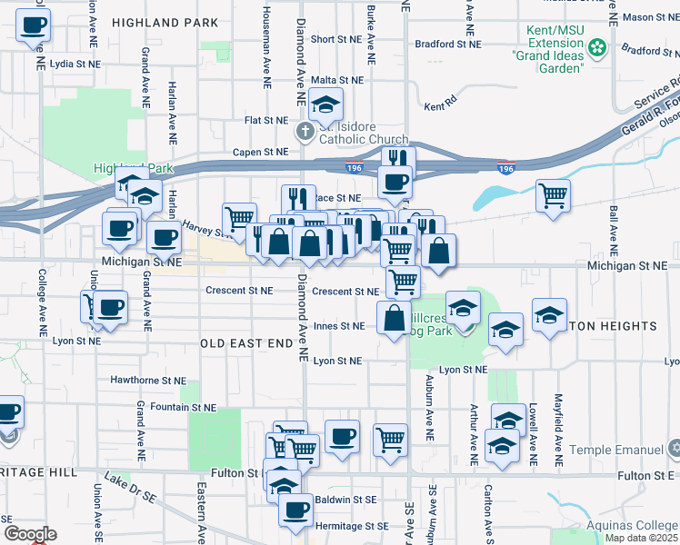 map of restaurants, bars, coffee shops, grocery stores, and more near 1044 Michigan Street Northeast in Grand Rapids