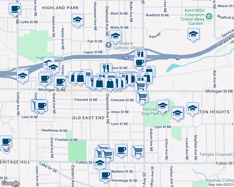 map of restaurants, bars, coffee shops, grocery stores, and more near 1024 Michigan Street Northeast in Grand Rapids