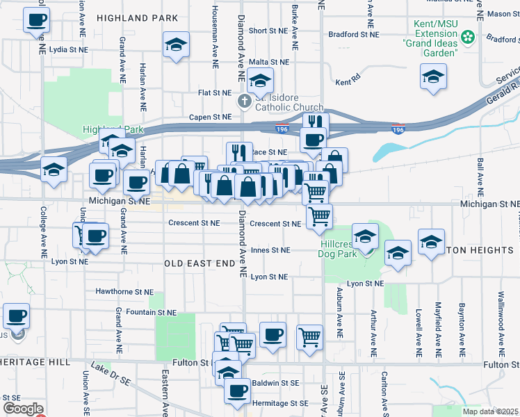 map of restaurants, bars, coffee shops, grocery stores, and more near 1016 Michigan Street Northeast in Grand Rapids