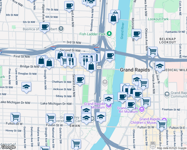 map of restaurants, bars, coffee shops, grocery stores, and more near 428 Bridge Street Northwest in Grand Rapids