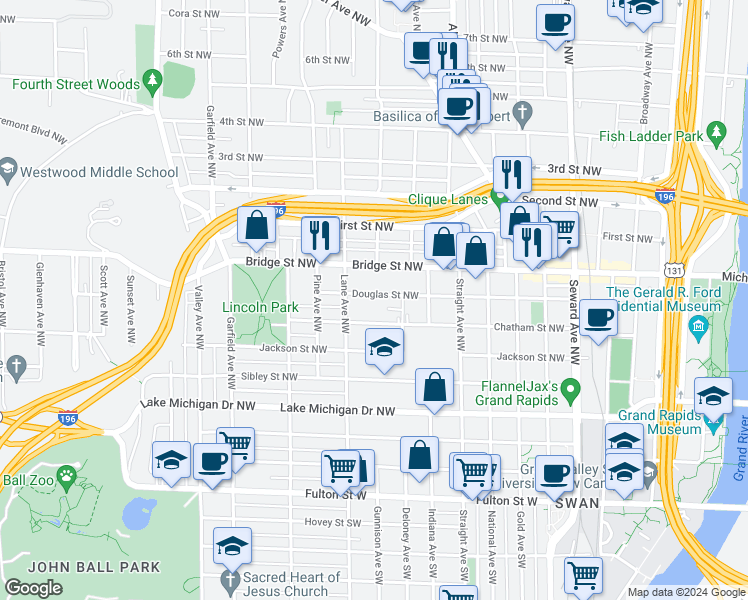 map of restaurants, bars, coffee shops, grocery stores, and more near 930 Douglas Street Northwest in Grand Rapids