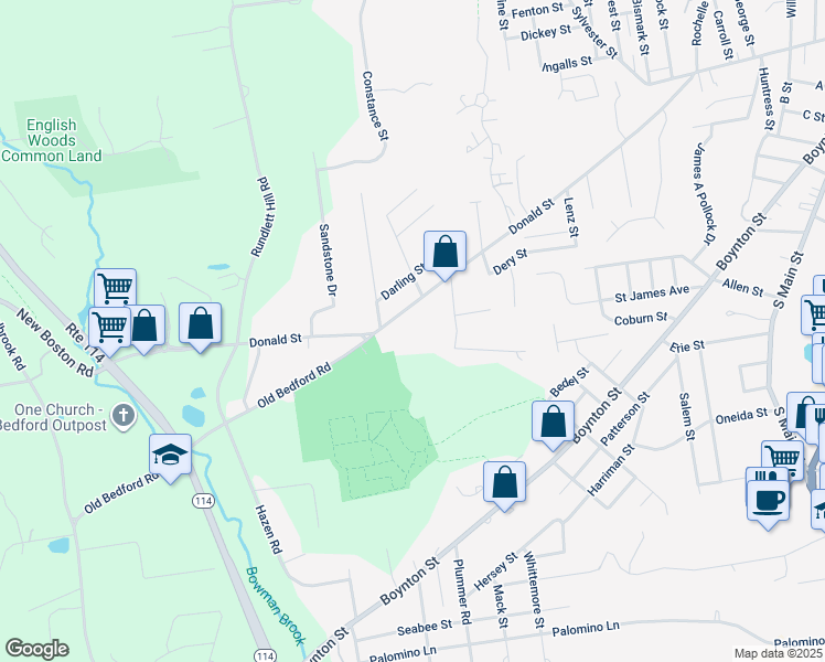 map of restaurants, bars, coffee shops, grocery stores, and more near 433 Donald Street in Bedford