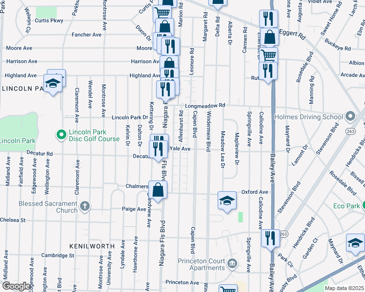 map of restaurants, bars, coffee shops, grocery stores, and more near 546 Allenhurst Road in Buffalo