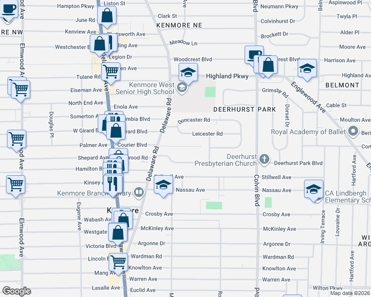 map of restaurants, bars, coffee shops, grocery stores, and more near 71 Leicester Road in Buffalo