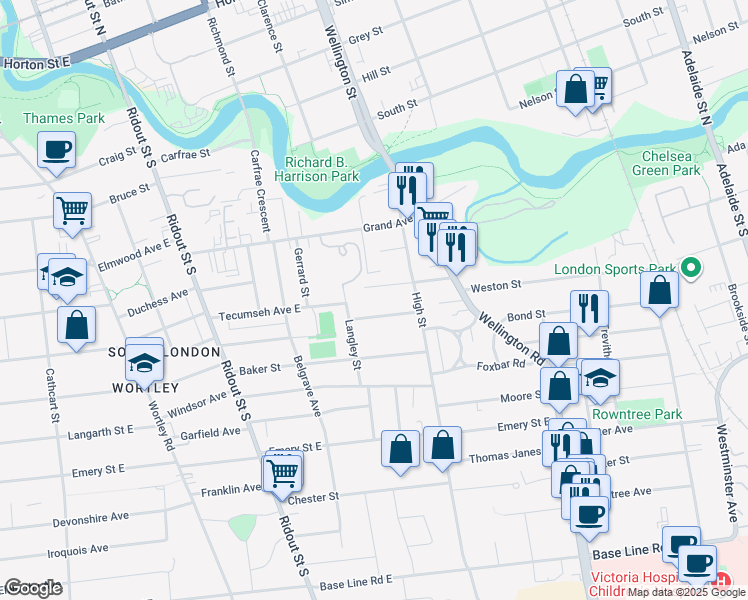 map of restaurants, bars, coffee shops, grocery stores, and more near in London