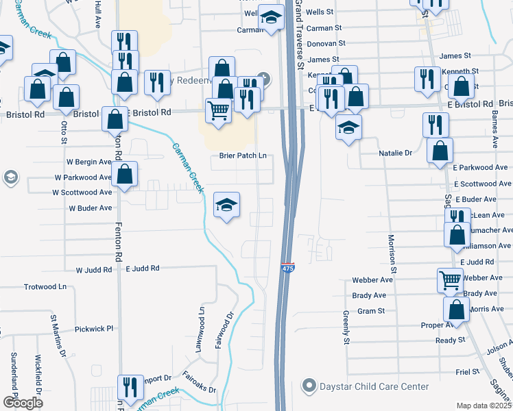 map of restaurants, bars, coffee shops, grocery stores, and more near 1217 Currant Lane in Burton