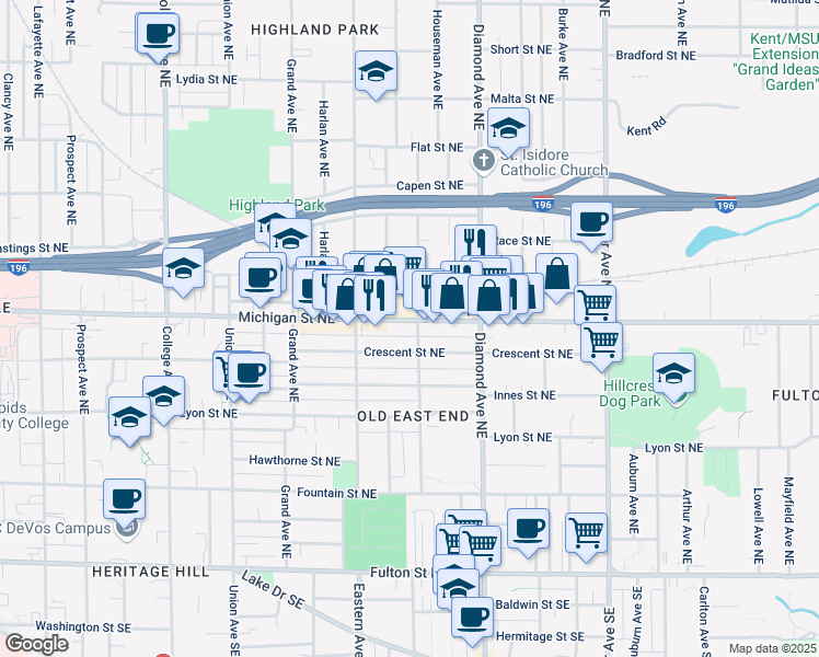 map of restaurants, bars, coffee shops, grocery stores, and more near 901 Michigan Street Northeast in Grand Rapids