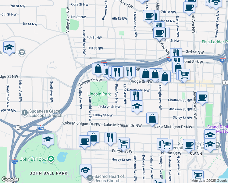 map of restaurants, bars, coffee shops, grocery stores, and more near 346 Pine Avenue Northwest in Grand Rapids