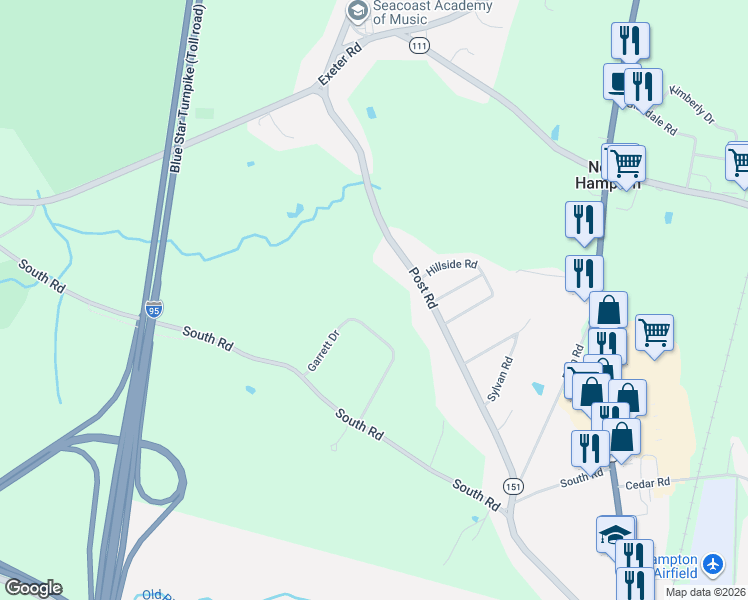 map of restaurants, bars, coffee shops, grocery stores, and more near 68 Post Road in North Hampton